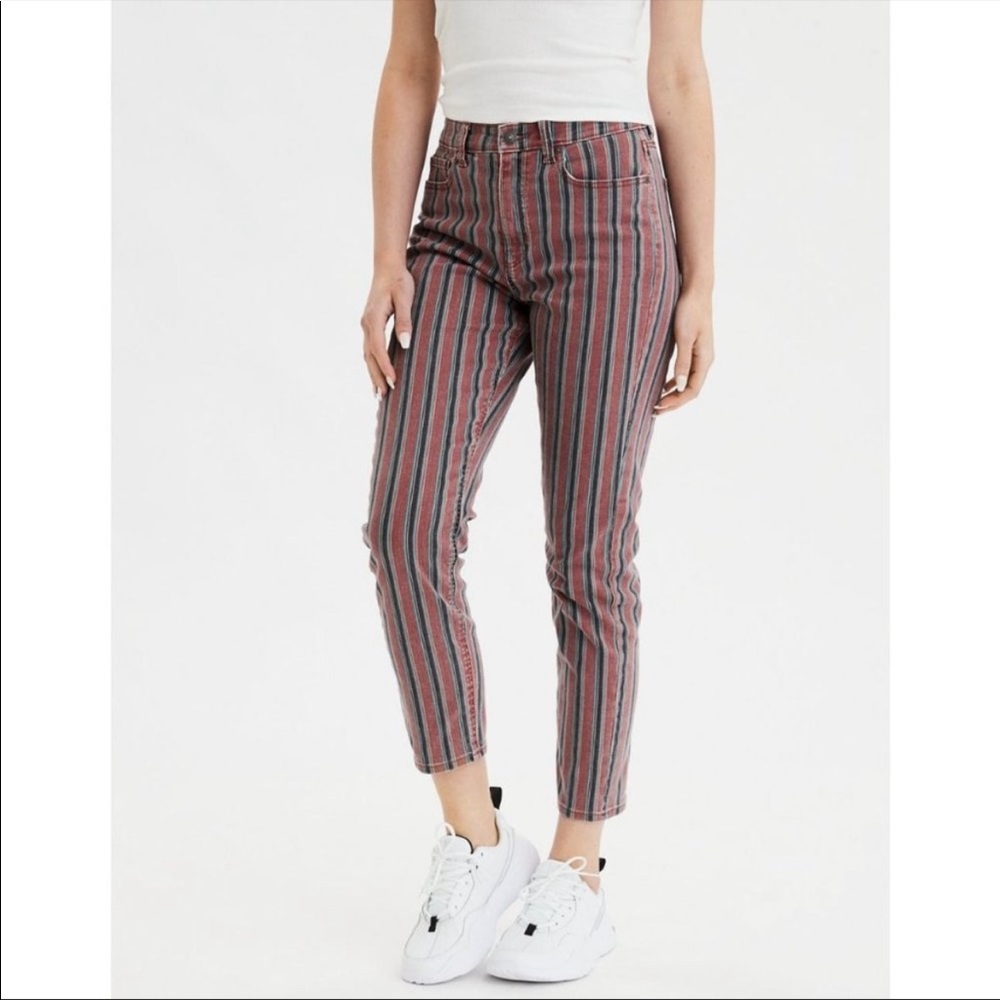 AEO “Striped High Rise Printed Straight Leg Jeans”